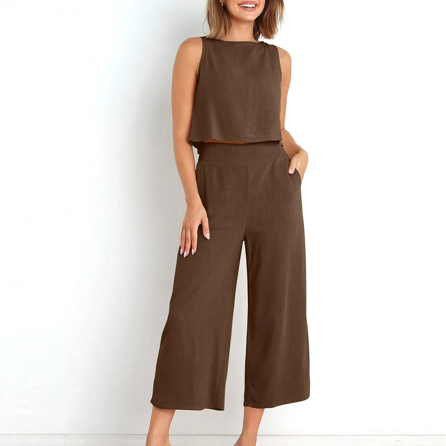Cotton Linen 2 Piece Outfits for Women Crop Tank Tops and Wide Leg Pants Casual Matching Set Summer Beach Clothes