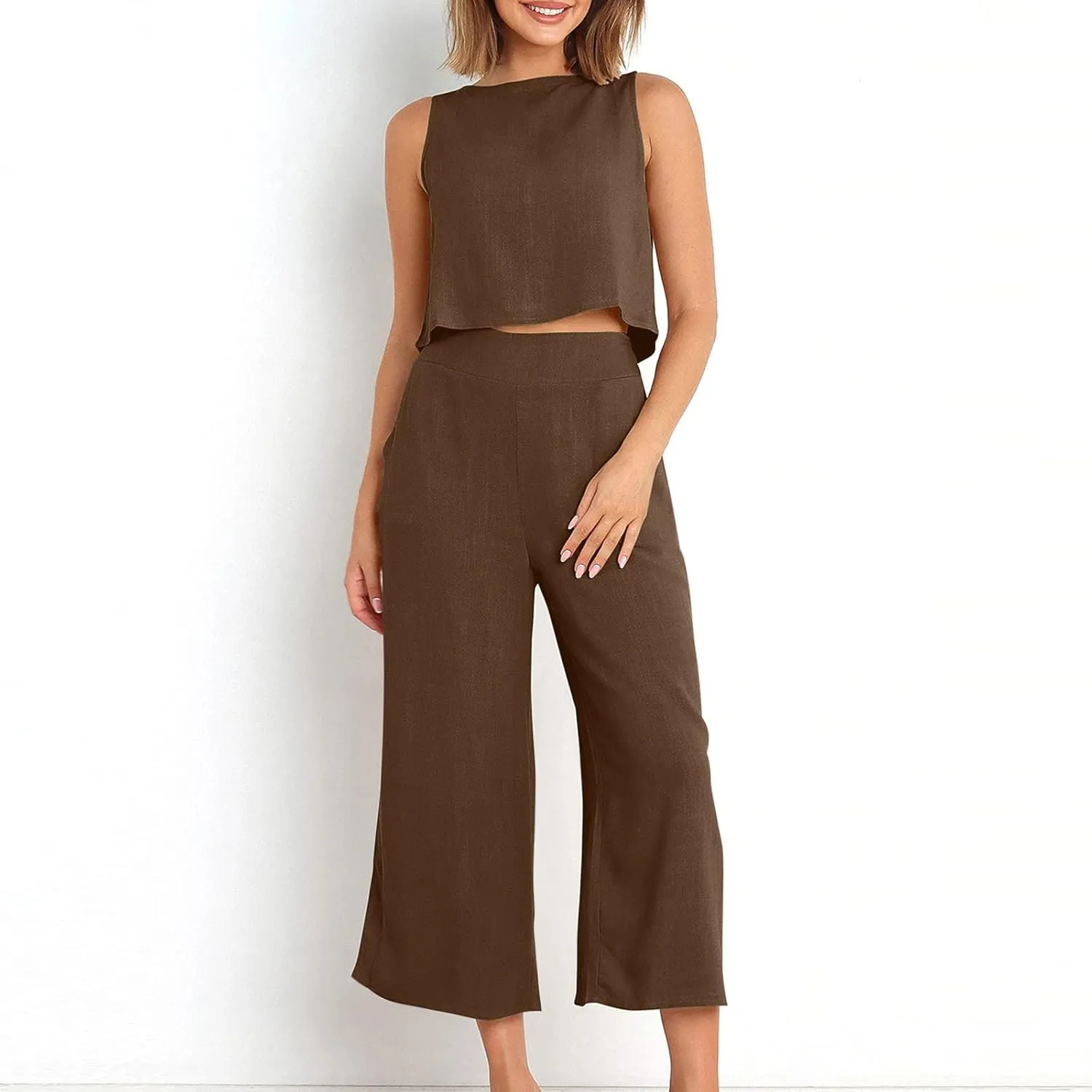 Cotton Linen 2 Piece Outfits for Women Crop Tank Tops and Wide Leg Pants Casual Matching Set Summer Beach Clothes