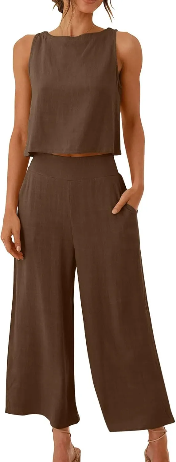 Cotton Linen 2 Piece Outfits for Women Crop Tank Tops and Wide Leg Pants Casual Matching Set Summer Beach Clothes