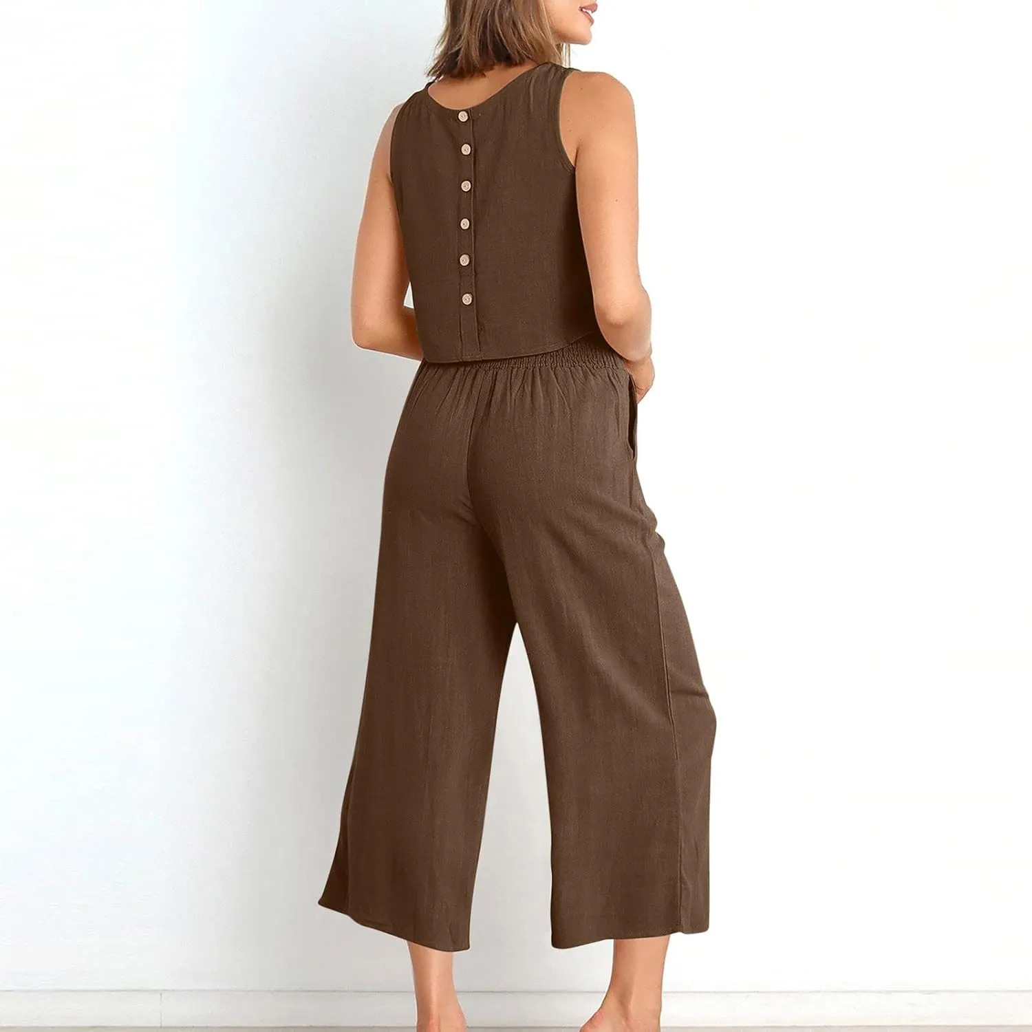 Cotton Linen 2 Piece Outfits for Women Crop Tank Tops and Wide Leg Pants Casual Matching Set Summer Beach Clothes
