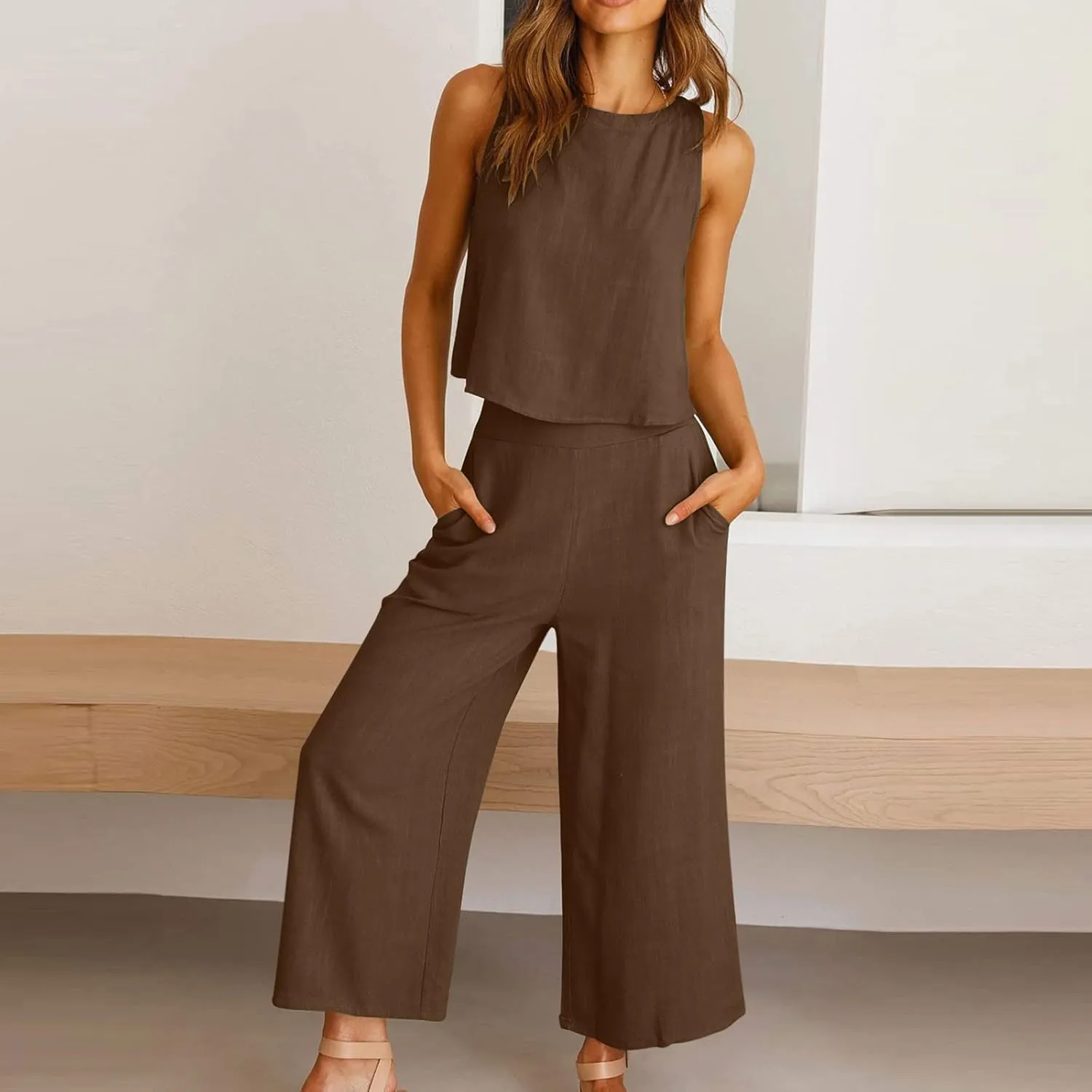 Cotton Linen 2 Piece Outfits for Women Crop Tank Tops and Wide Leg Pants Casual Matching Set Summer Beach Clothes