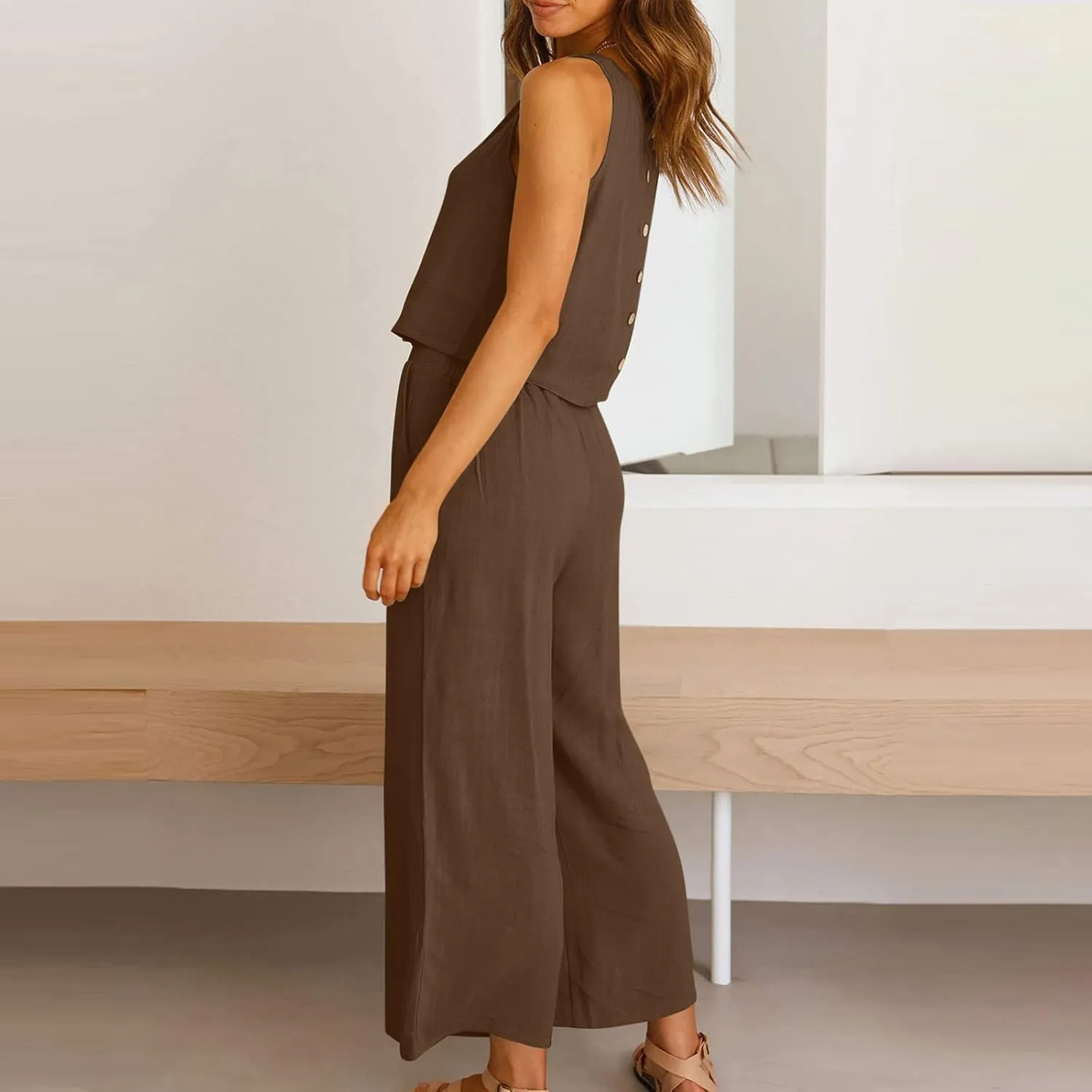 Cotton Linen 2 Piece Outfits for Women Crop Tank Tops and Wide Leg Pants Casual Matching Set Summer Beach Clothes