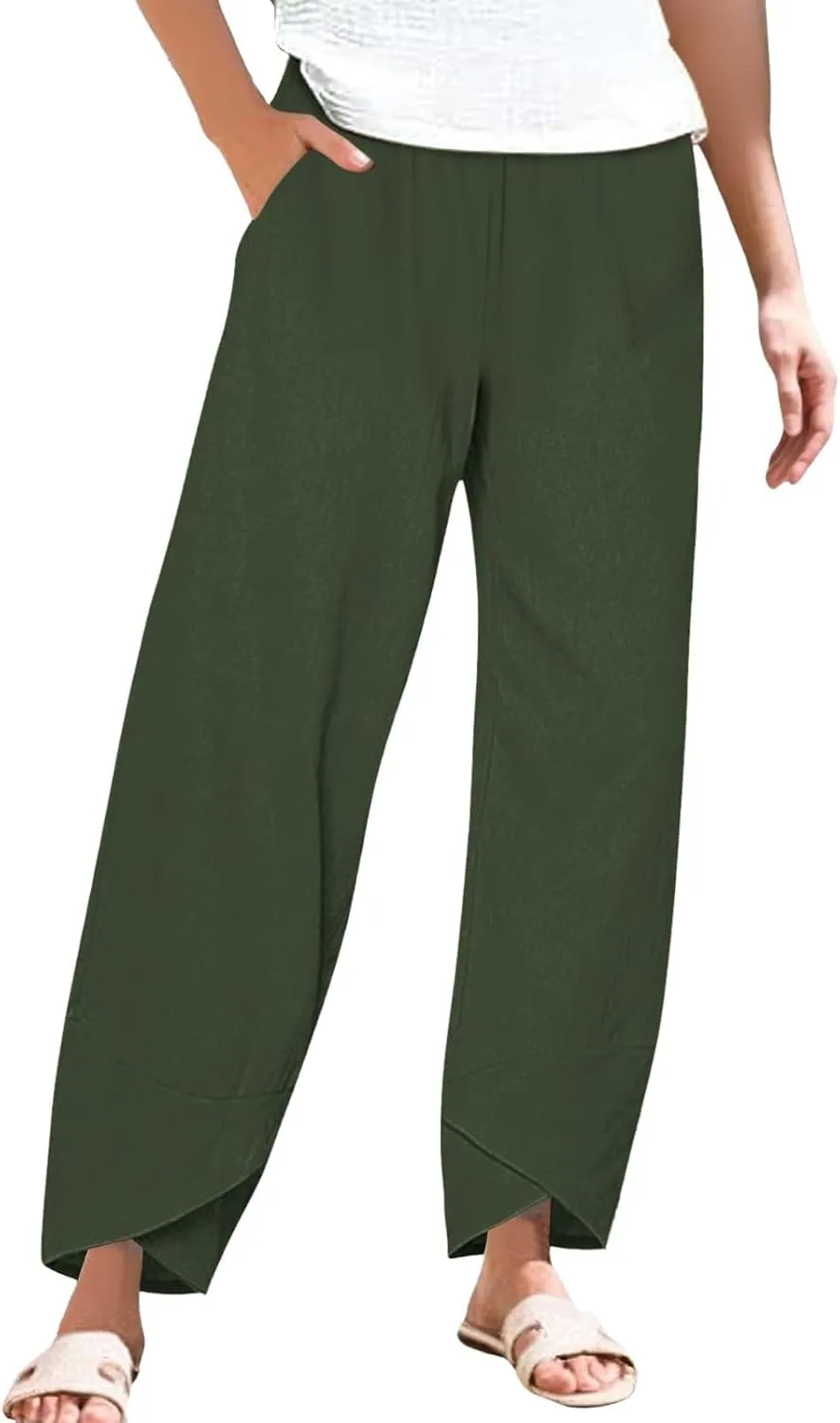 Cotton Linen Pants for Women Summer Plus Size Boho Pants Lightweight Hight Waist Vacation Beach Trousers with Pockets