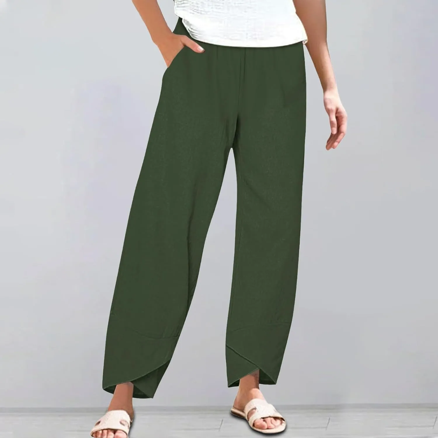 Cotton Linen Pants for Women Summer Plus Size Boho Pants Lightweight Hight Waist Vacation Beach Trousers with Pockets