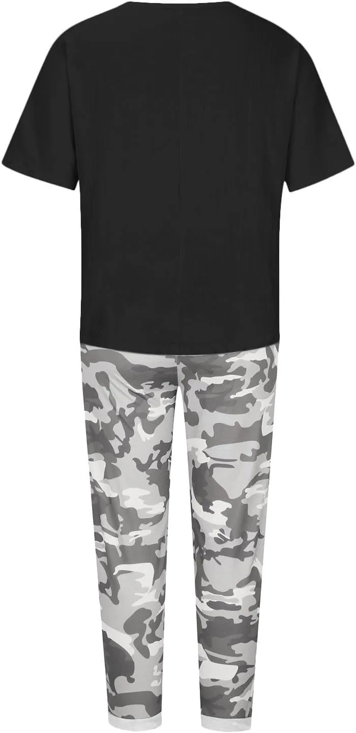 Cotton Linen Sets for Women 2 Piece Dressy Outfits Plus Size Matching Sets Short Sleeve Graphic Tees Camo Capri Pants