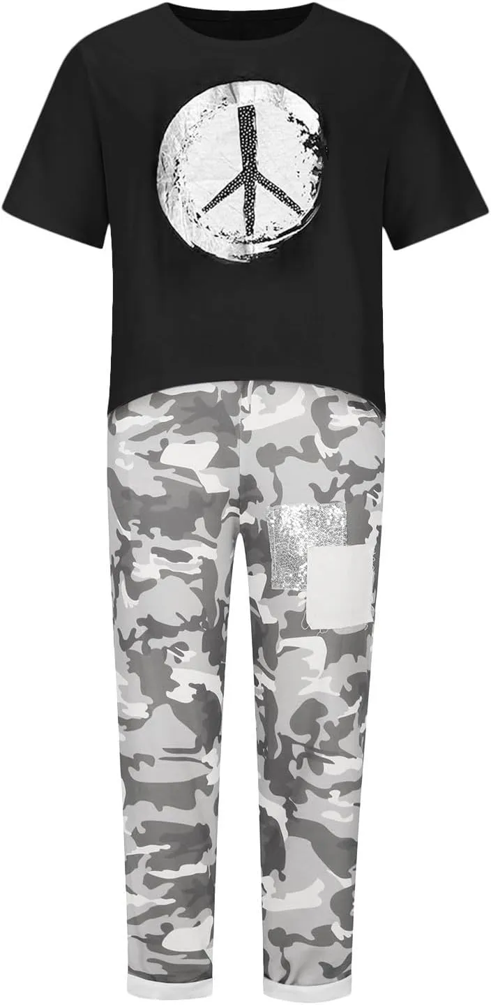 Cotton Linen Sets for Women 2 Piece Dressy Outfits Plus Size Matching Sets Short Sleeve Graphic Tees Camo Capri Pants