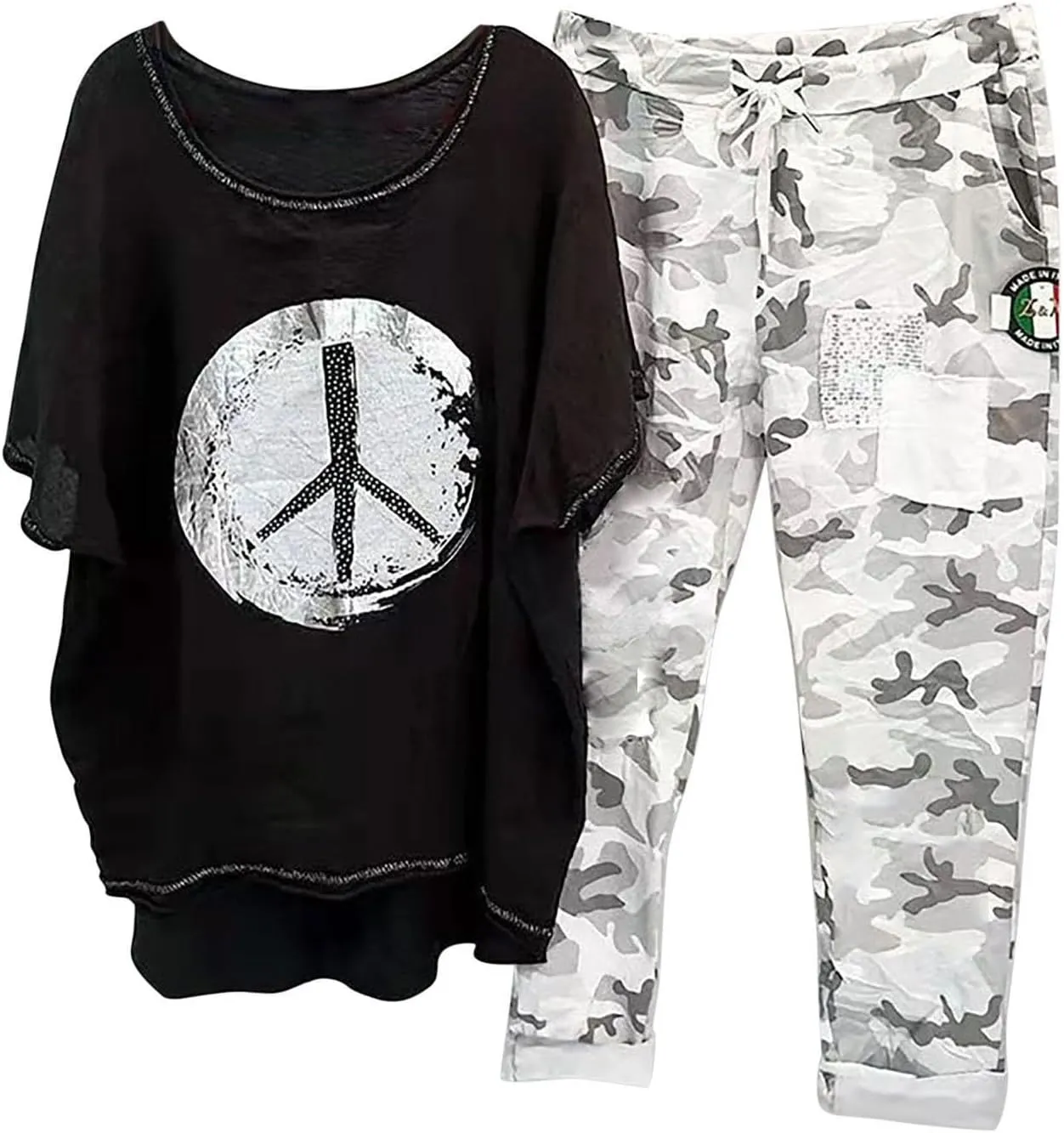 Cotton Linen Sets for Women 2 Piece Dressy Outfits Plus Size Matching Sets Short Sleeve Graphic Tees Camo Capri Pants