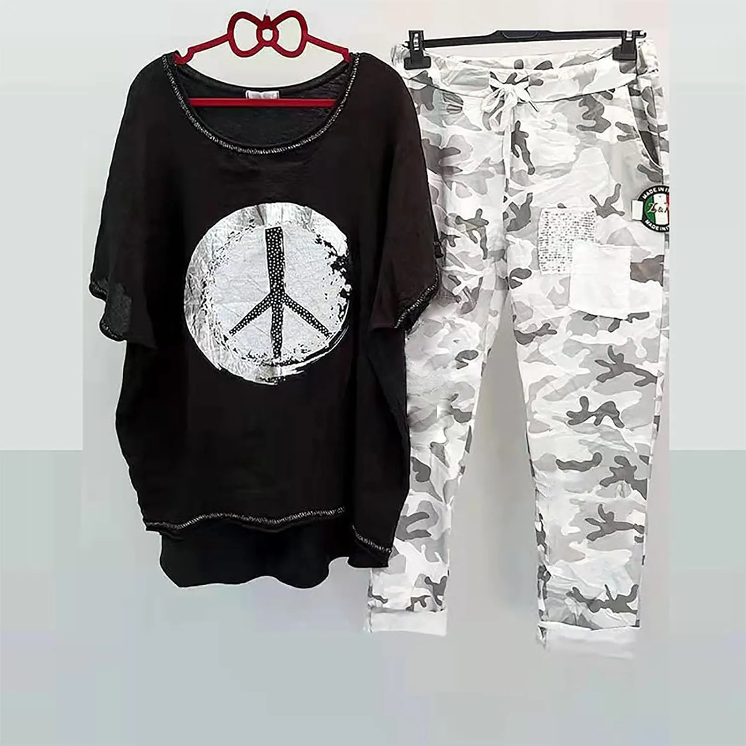 Cotton Linen Sets for Women 2 Piece Dressy Outfits Plus Size Matching Sets Short Sleeve Graphic Tees Camo Capri Pants