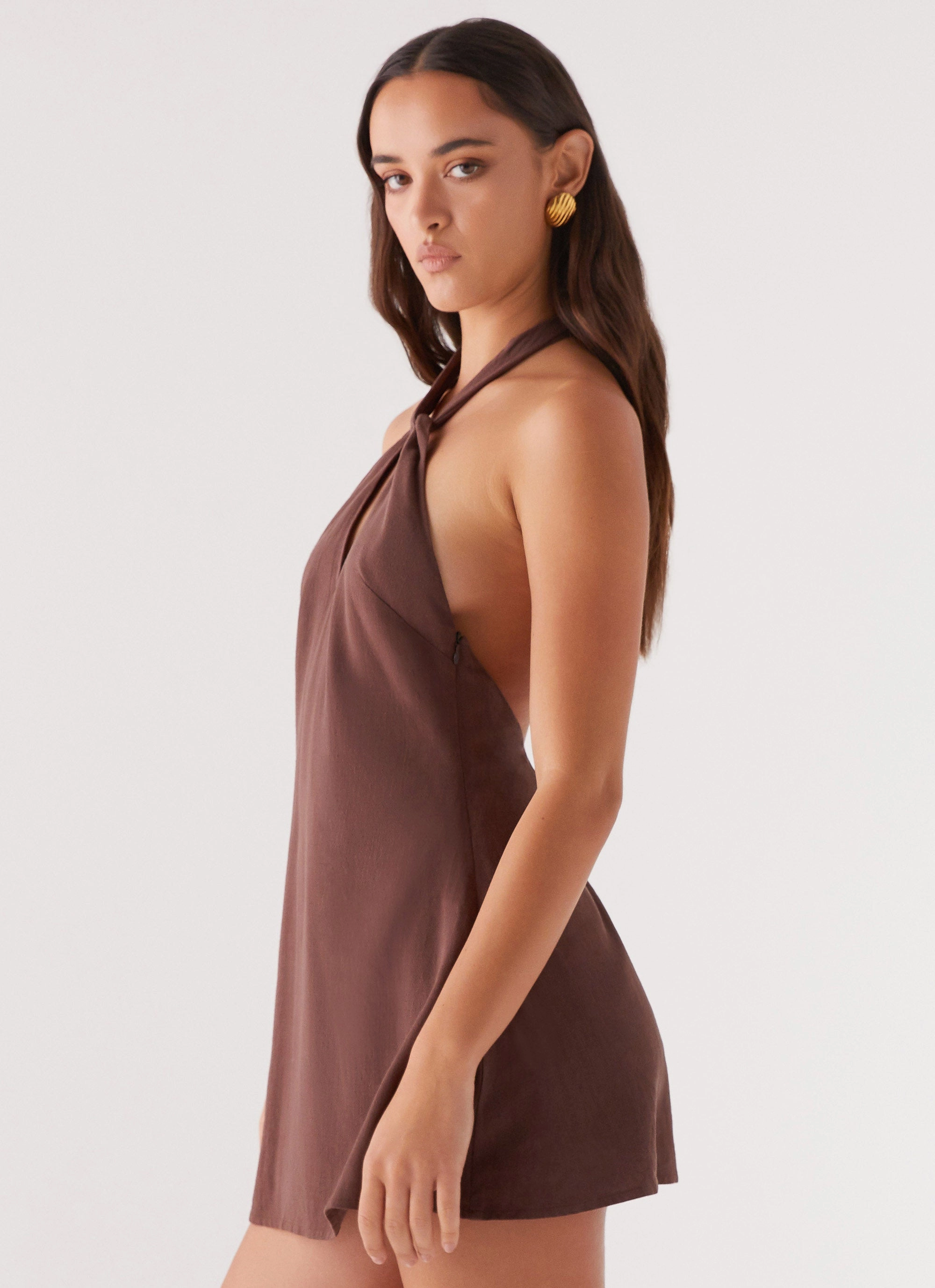 Smart Fit Counting Stars Linen Halterneck Dress - Chocolate