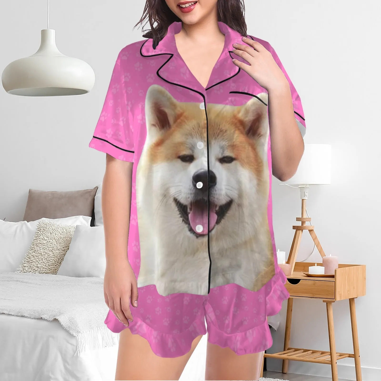 Couple Matching V-Neck Short Pajamas Custom Pet Photo Pajama Sets Sleepwear Loungewear For Pet Lovers