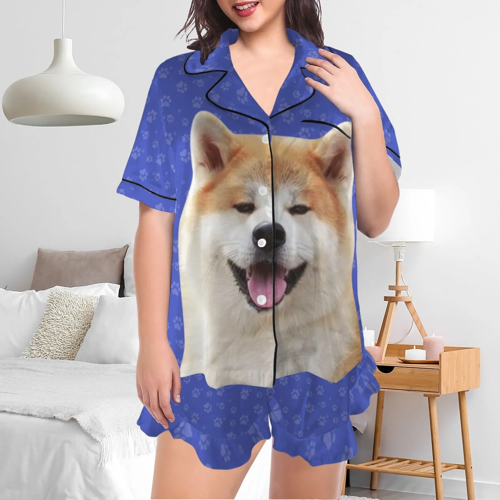 Couple Matching V-Neck Short Pajamas Custom Pet Photo Pajama Sets Sleepwear Loungewear For Pet Lovers