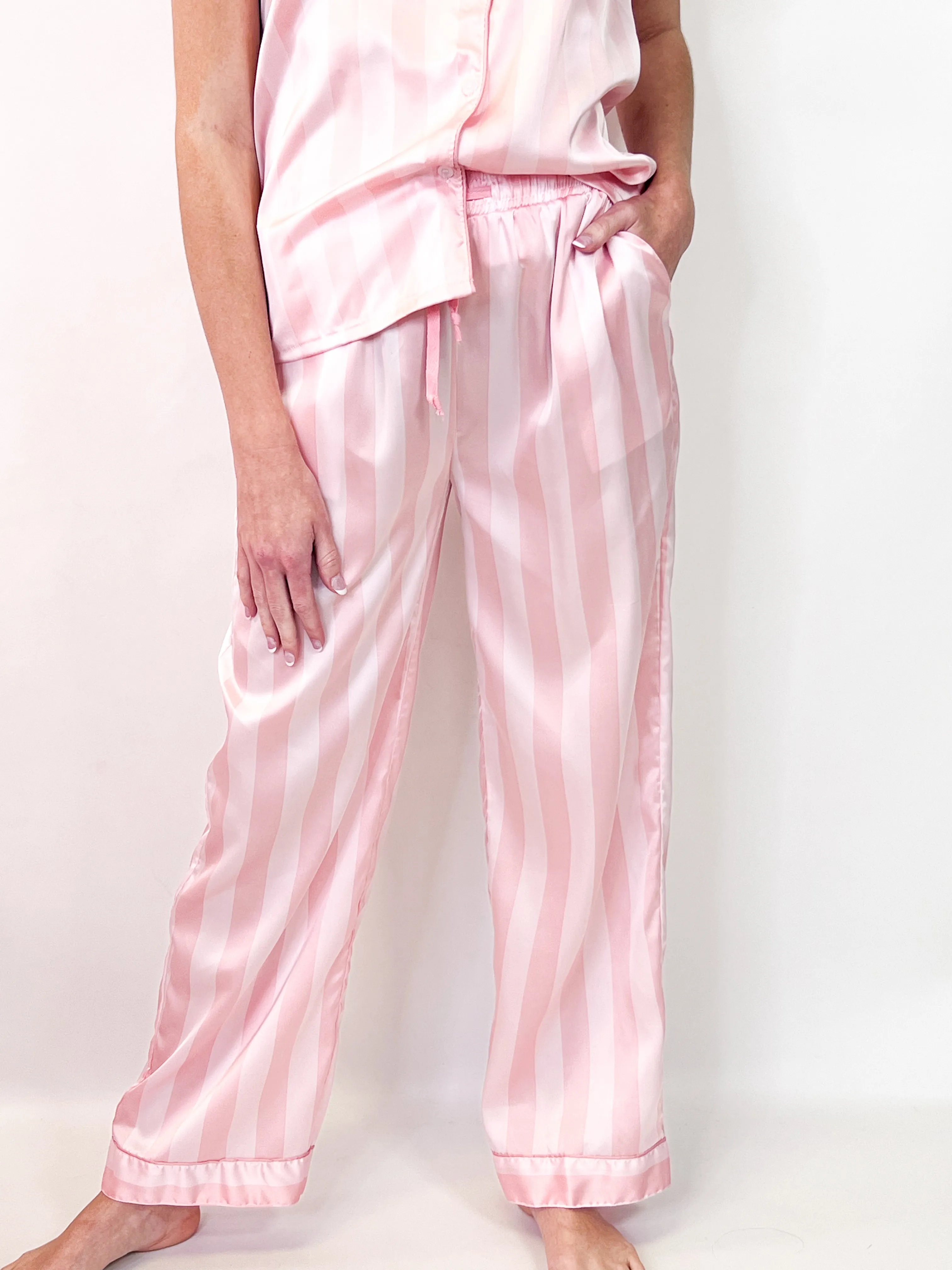 Courtney - Pink Striped Satin Pajama Set (Pants)