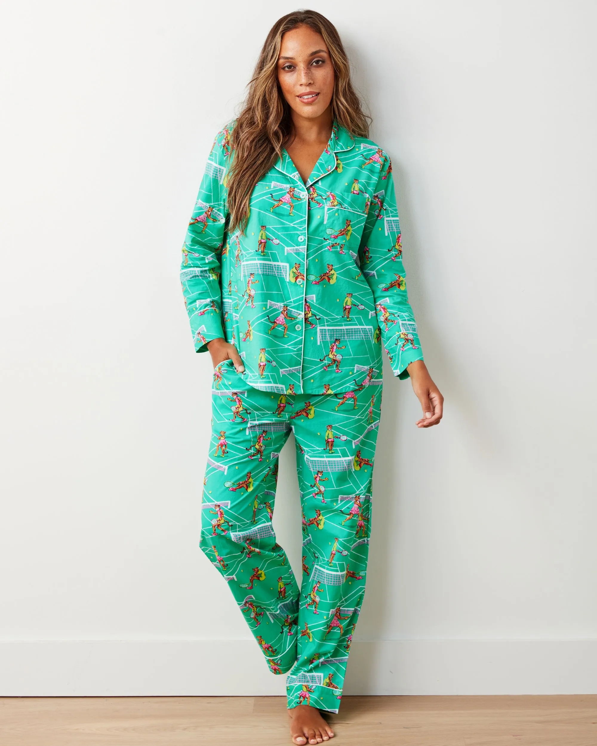 Courtside Cats - Long PJ Set - Tennis Teal
