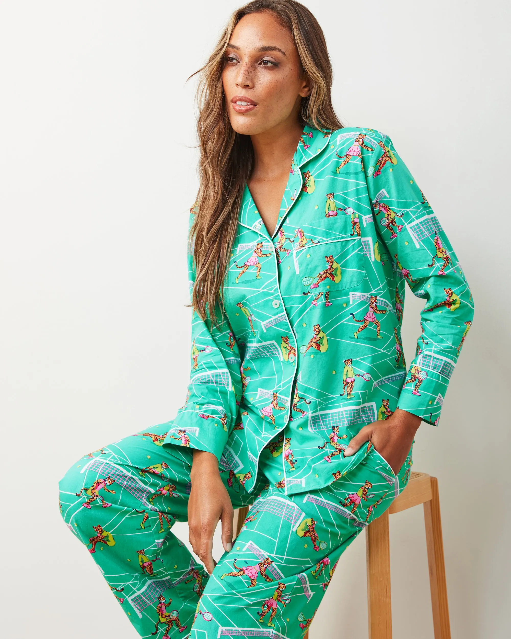 Courtside Cats - Long PJ Set - Tennis Teal
