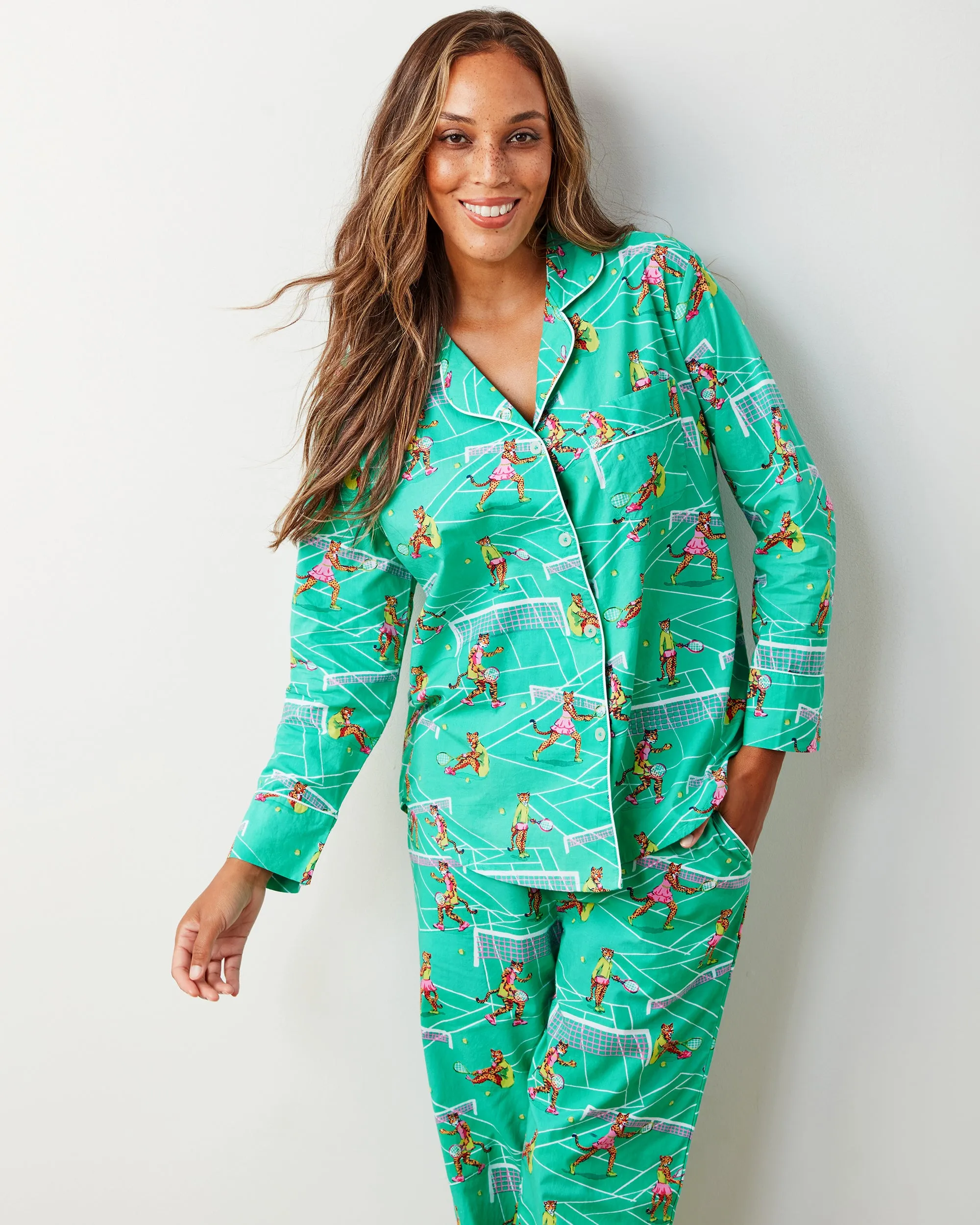 Courtside Cats - Long PJ Set - Tennis Teal