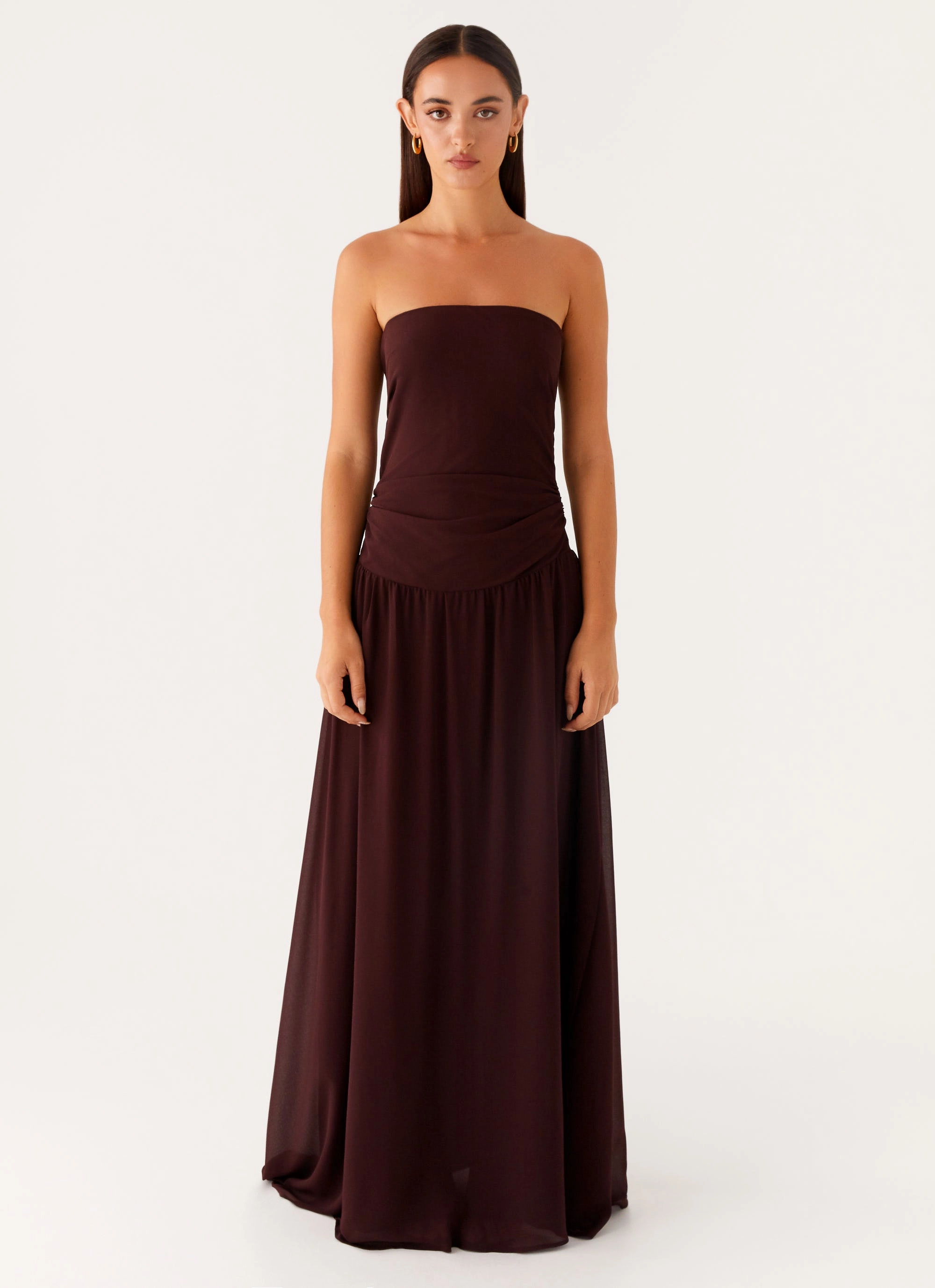 Pure Color Ankle-length Covia Strapless Maxi Dress - Dark Chocolate