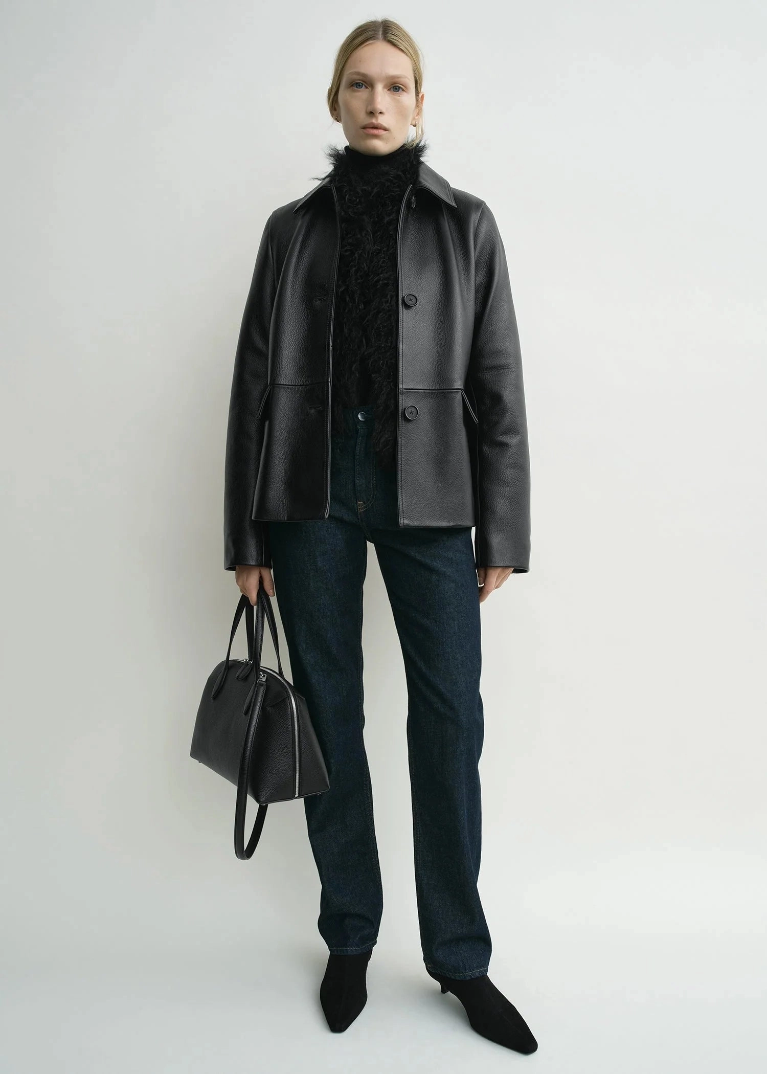 Designer Package Grained Leather Jacket in Black