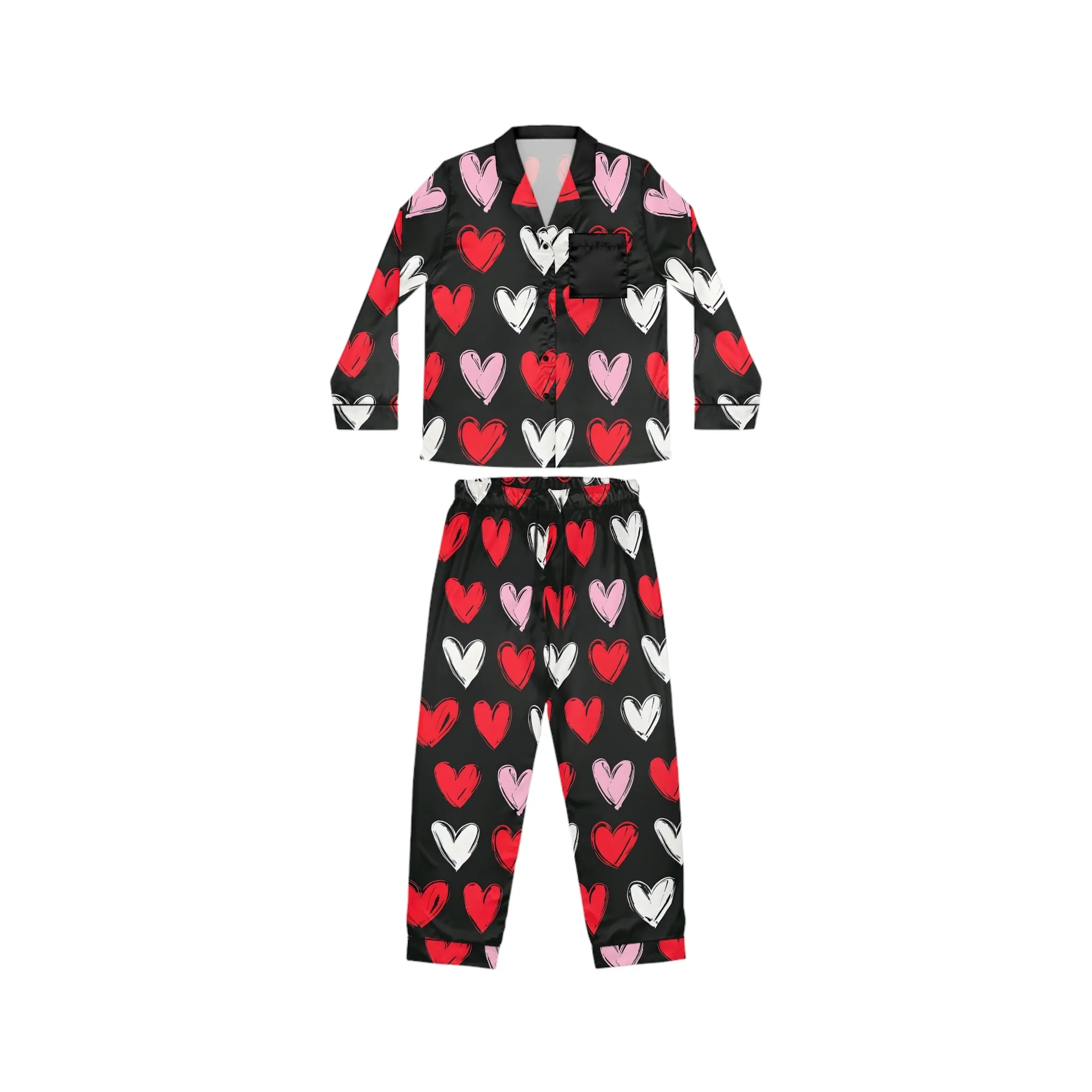 Cozy Heart Pattern Satin Pajamas for Women - Perfect for Valentine's Day & Relaxation