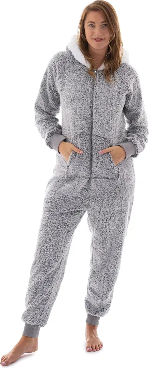 Cozy Teddy Fleece Women's One Piece Pajamas Medium Grey