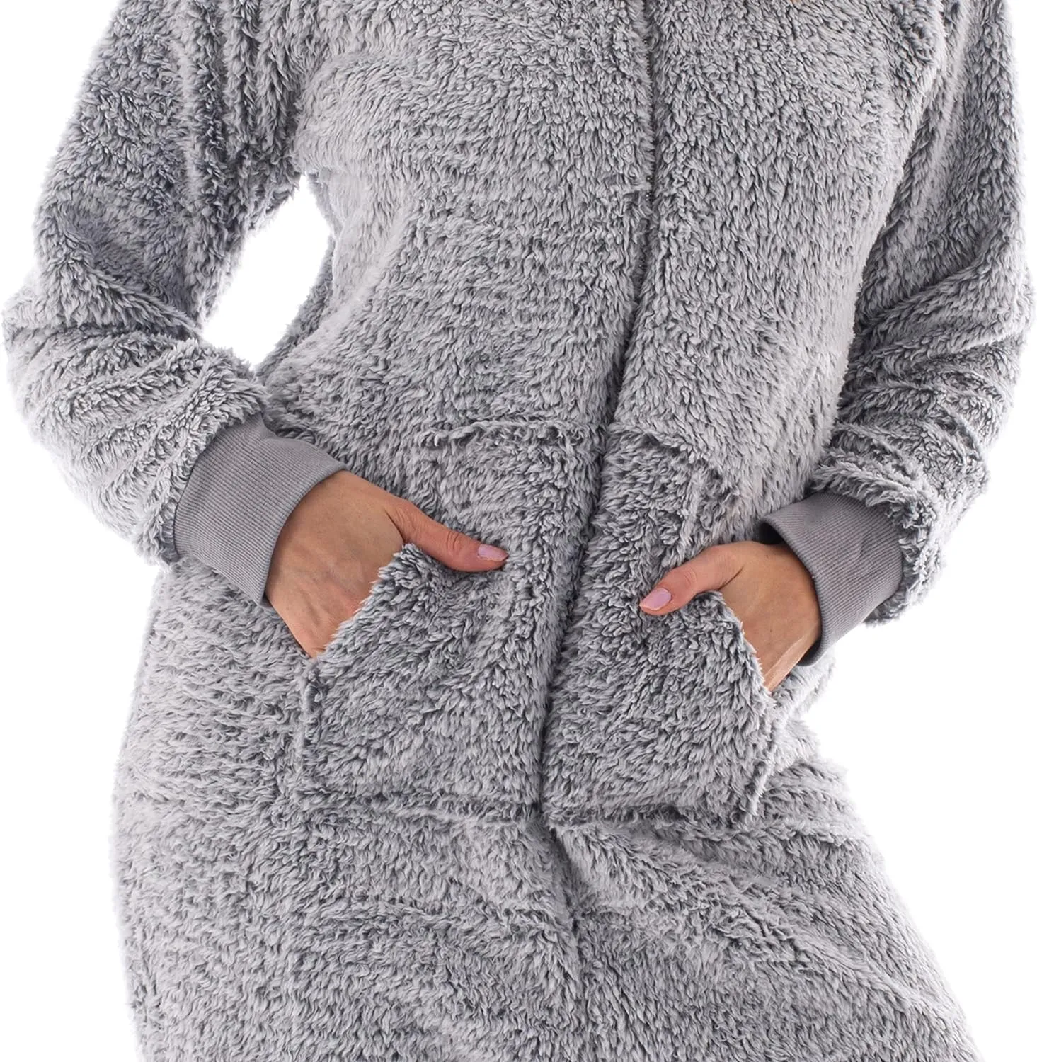 Cozy Teddy Fleece Women's One Piece Pajamas Medium Grey