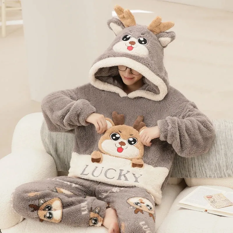 Cozy Winter Family Pajama Set – Thick Flannel Unisex Sleepwear with Tops & Pants for Women and Couples Homewear Suit