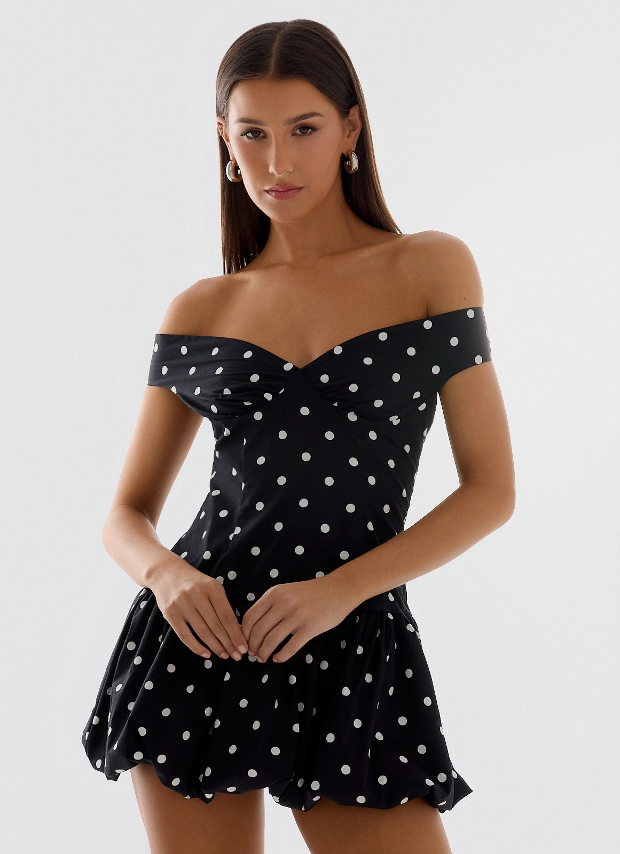 Endless Romance Off Shoulder Mini Dress - Black Polkadot Breathable fabric