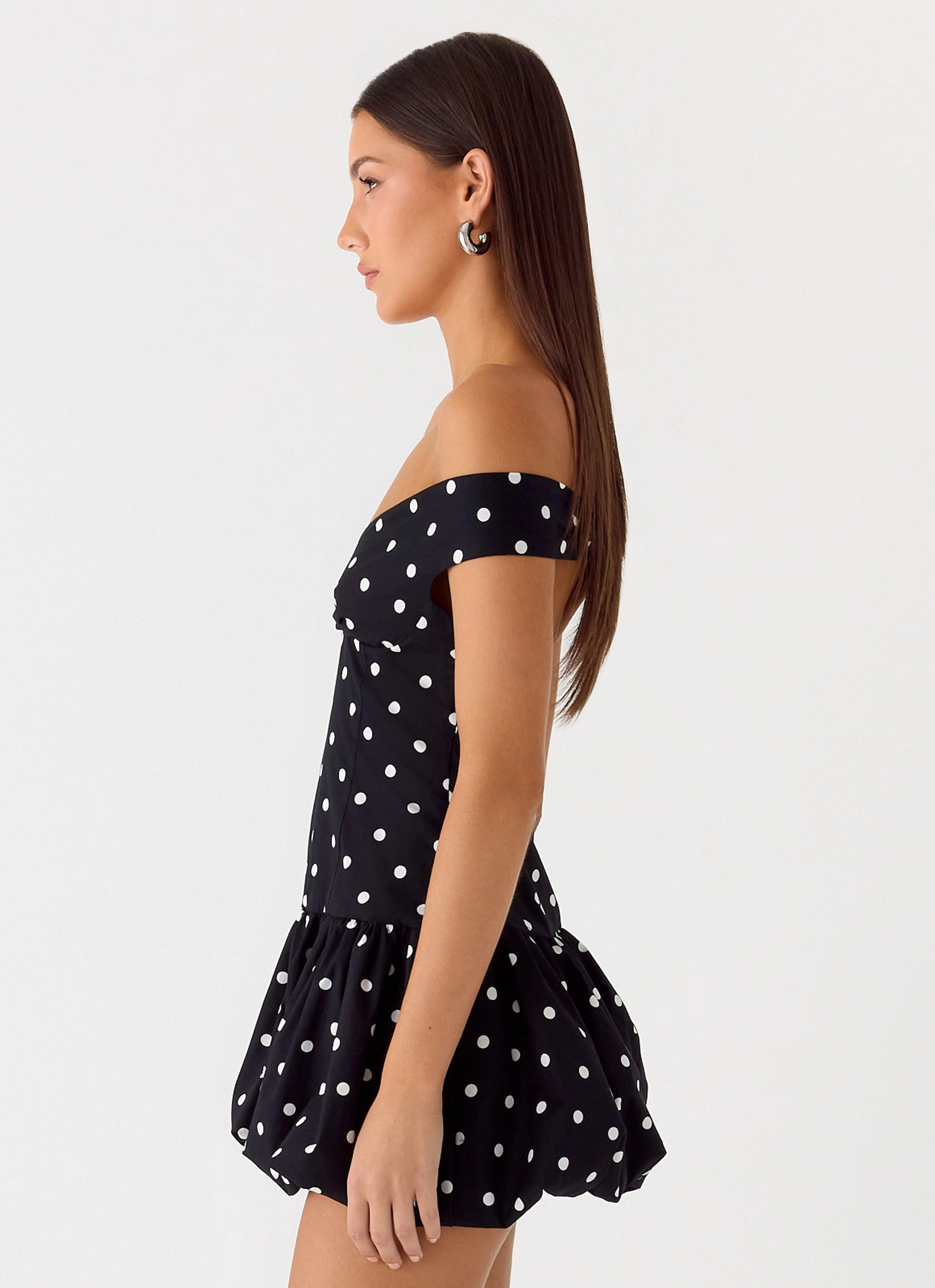 Endless Romance Off Shoulder Mini Dress - Black Polkadot Relaxed Finish
