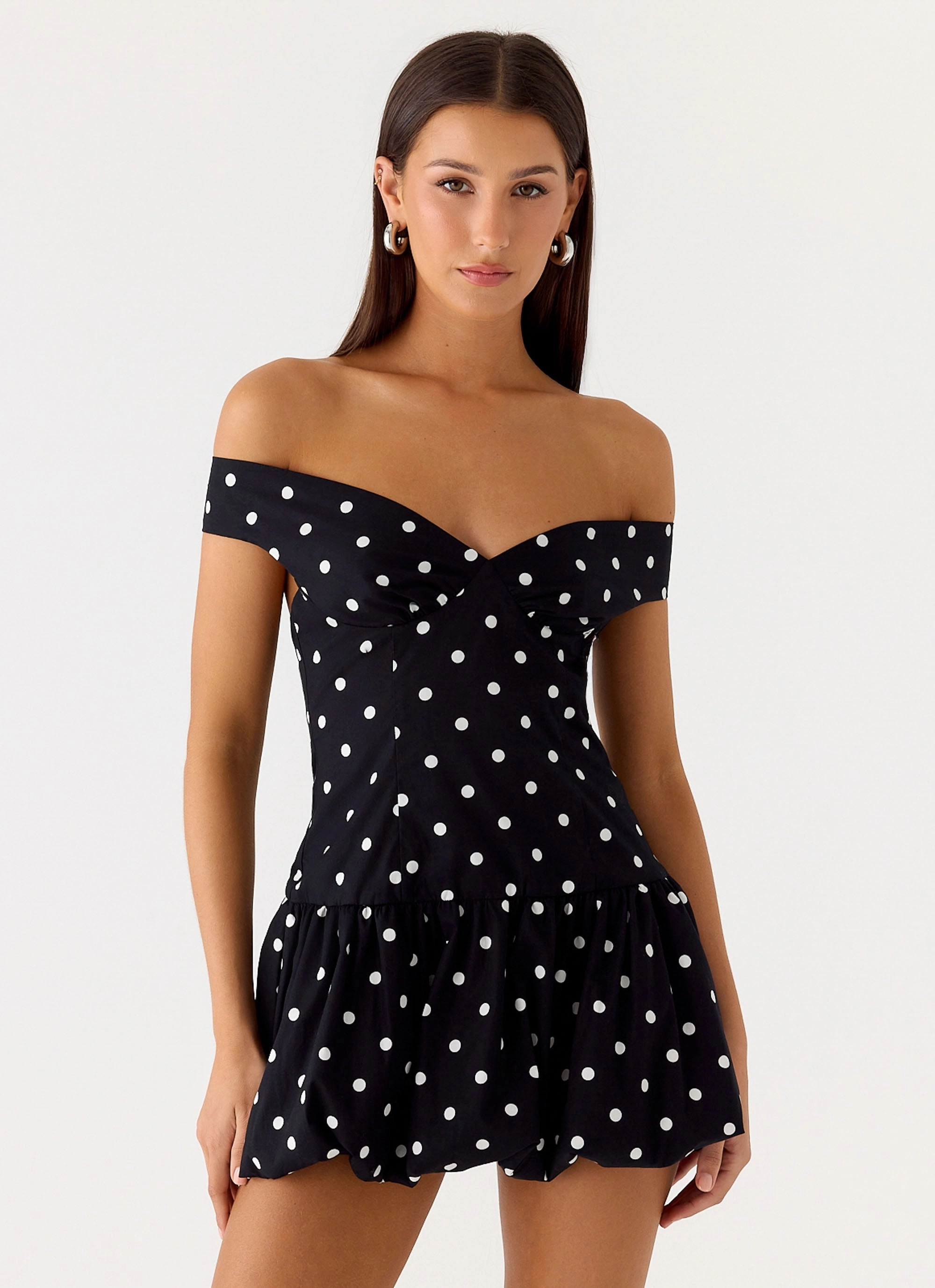 Layering-Piece Endless Romance Off Shoulder Mini Dress - Black Polkadot