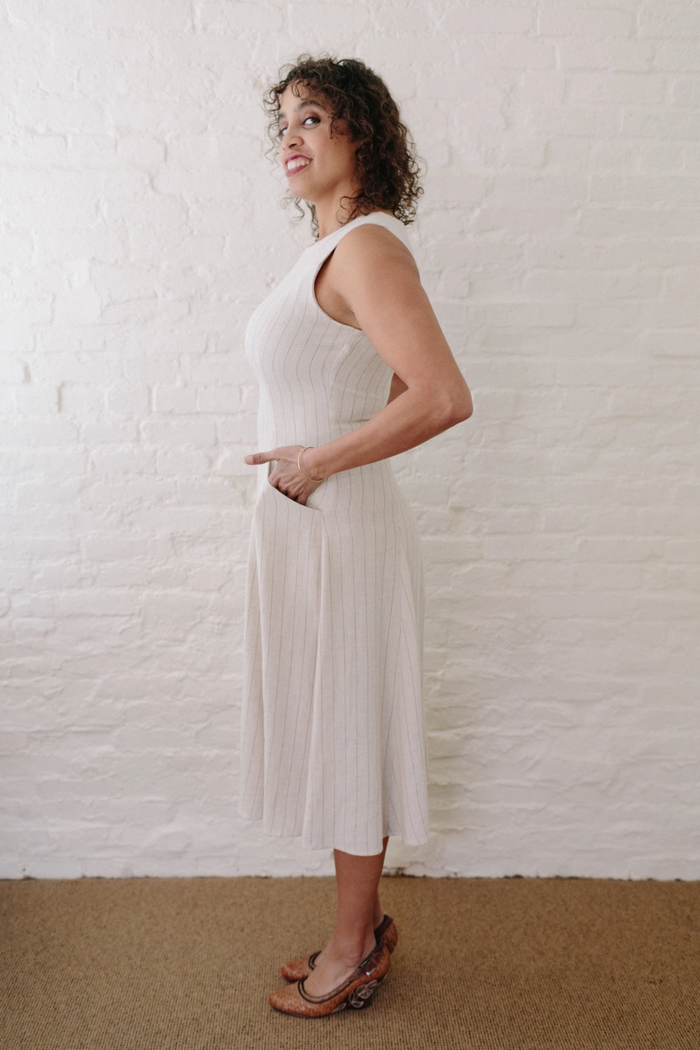 Modern and Feminine Urban Fit Lori Dress in Oat Linen Stripe