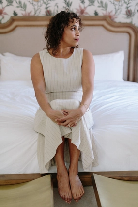 Lori Dress in Oat Linen Stripe Quilted-Texture