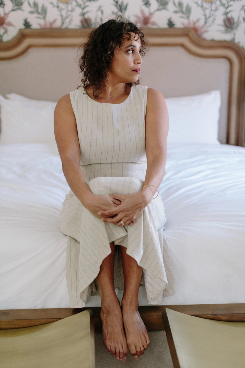 Lori Dress in Oat Linen Stripe Quilted-Texture