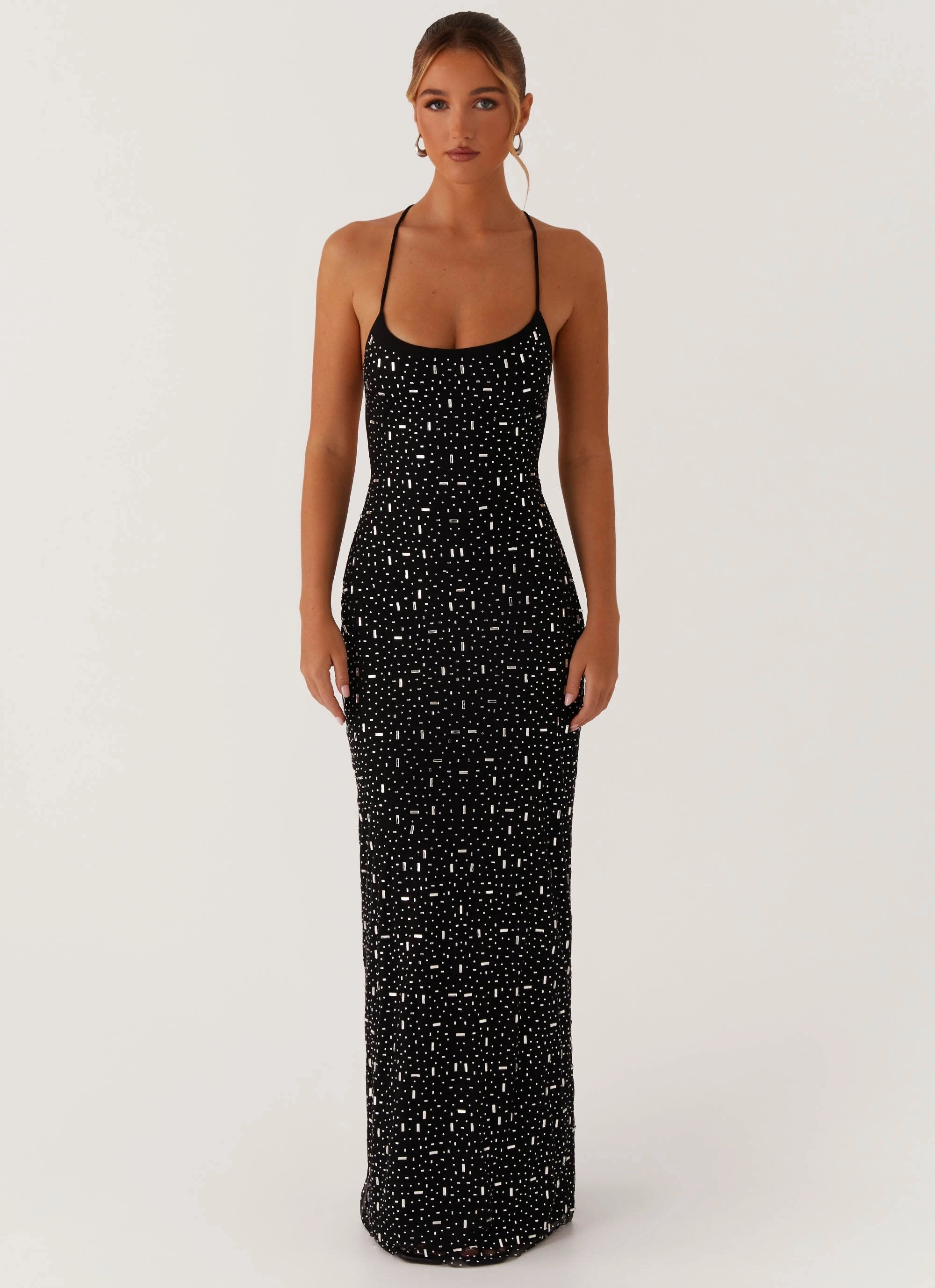 Metallic-Shine Cressida Rhinestone Mesh Maxi Dress - Black