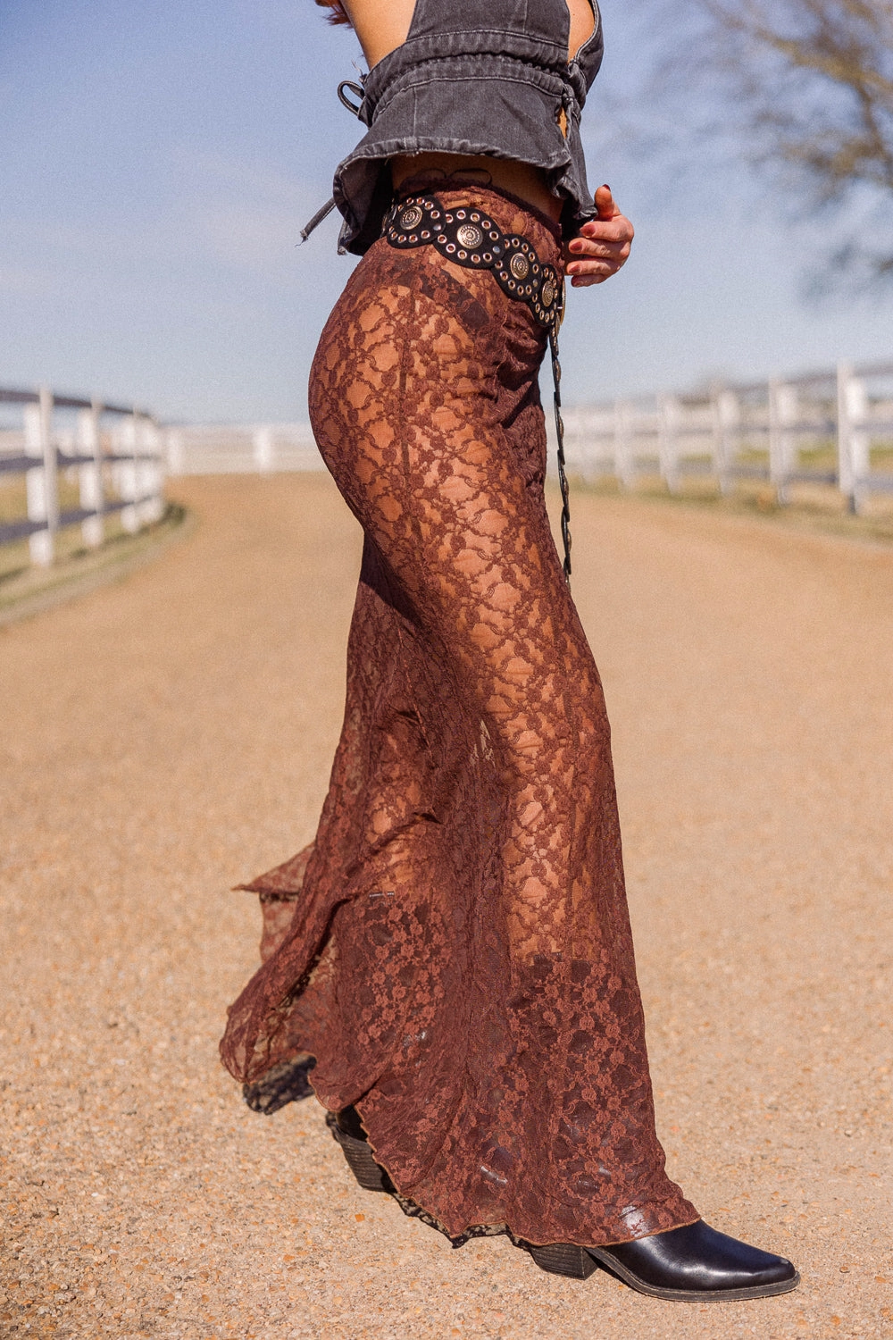Crisp Accent Amber Lace Maxi Skirt- Brown Modern Cut