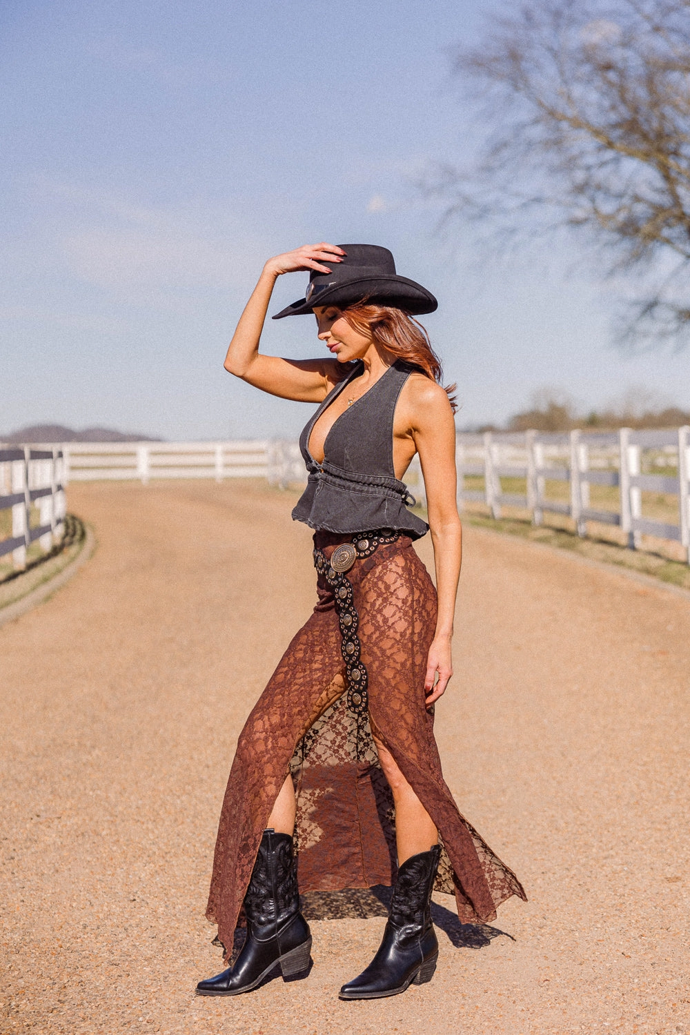 Cool Tone Crisp Accent Amber Lace Maxi Skirt- Brown