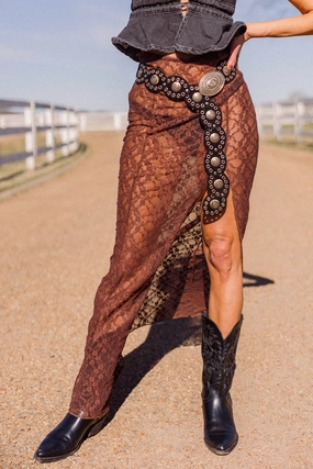 High Street Chic Crisp Accent Amber Lace Maxi Skirt- Brown