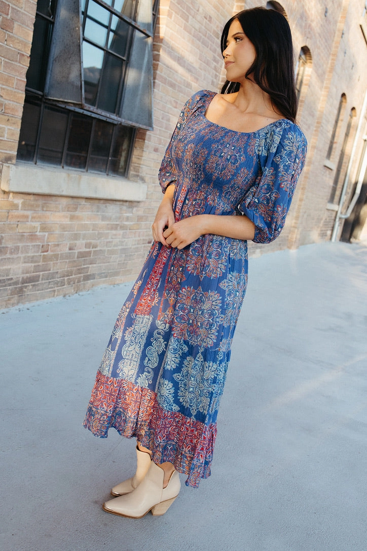 Crisp Blue Skies Puff Sleeve Dress Snap-Closure