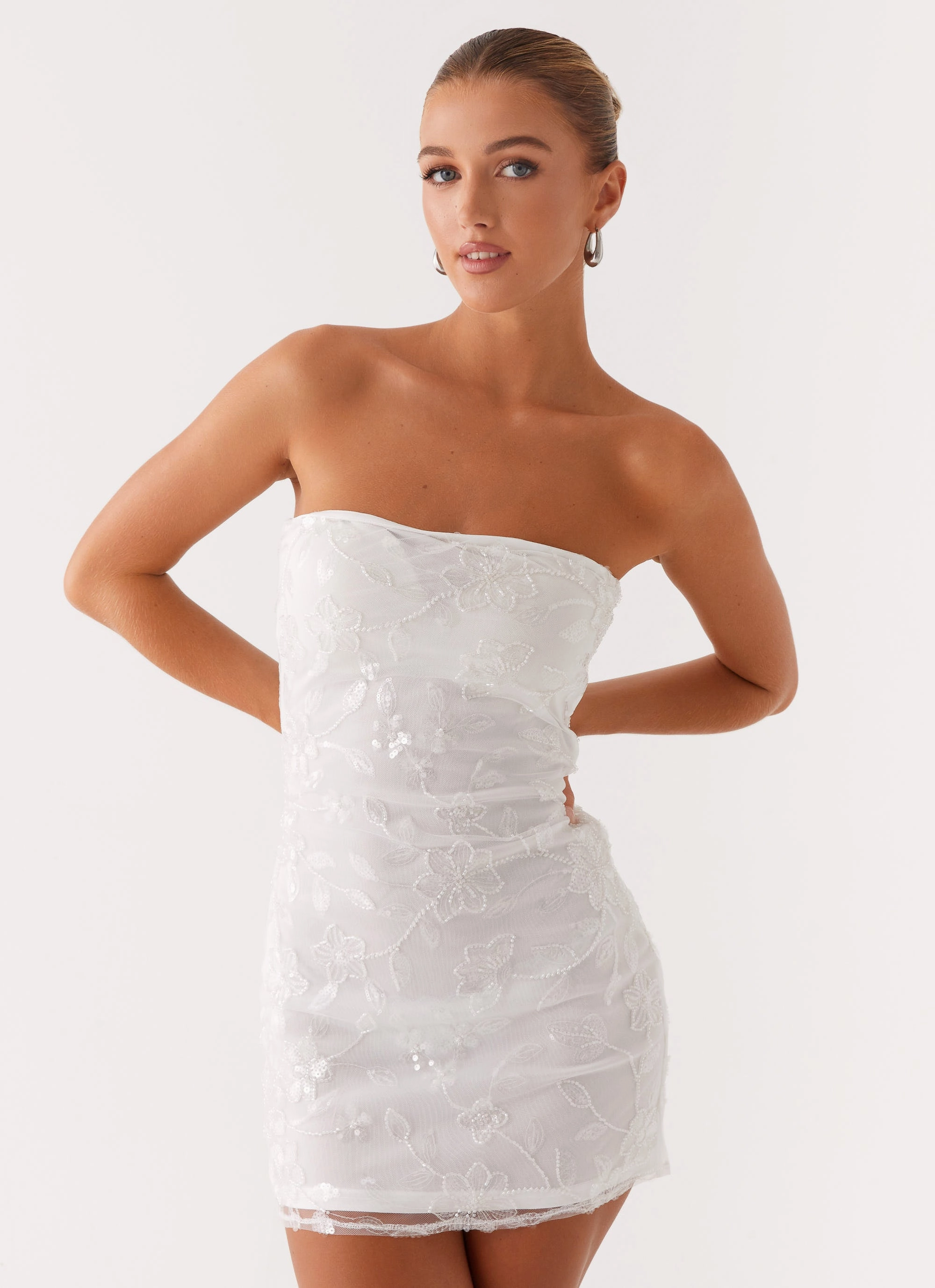 Moorey Beaded Mini Dress - White Silver Easy Layer Button Details