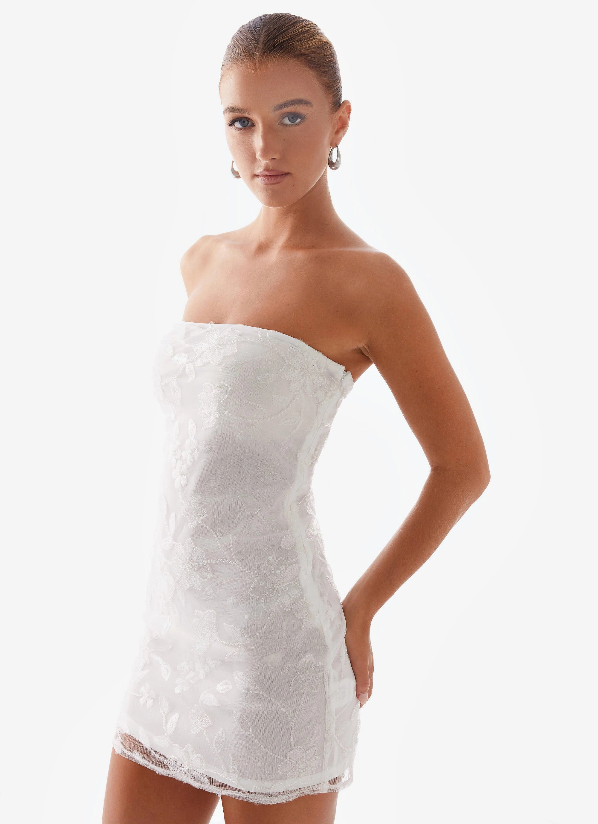 Artisan Print Double Stitched Moorey Beaded Mini Dress - White Silver