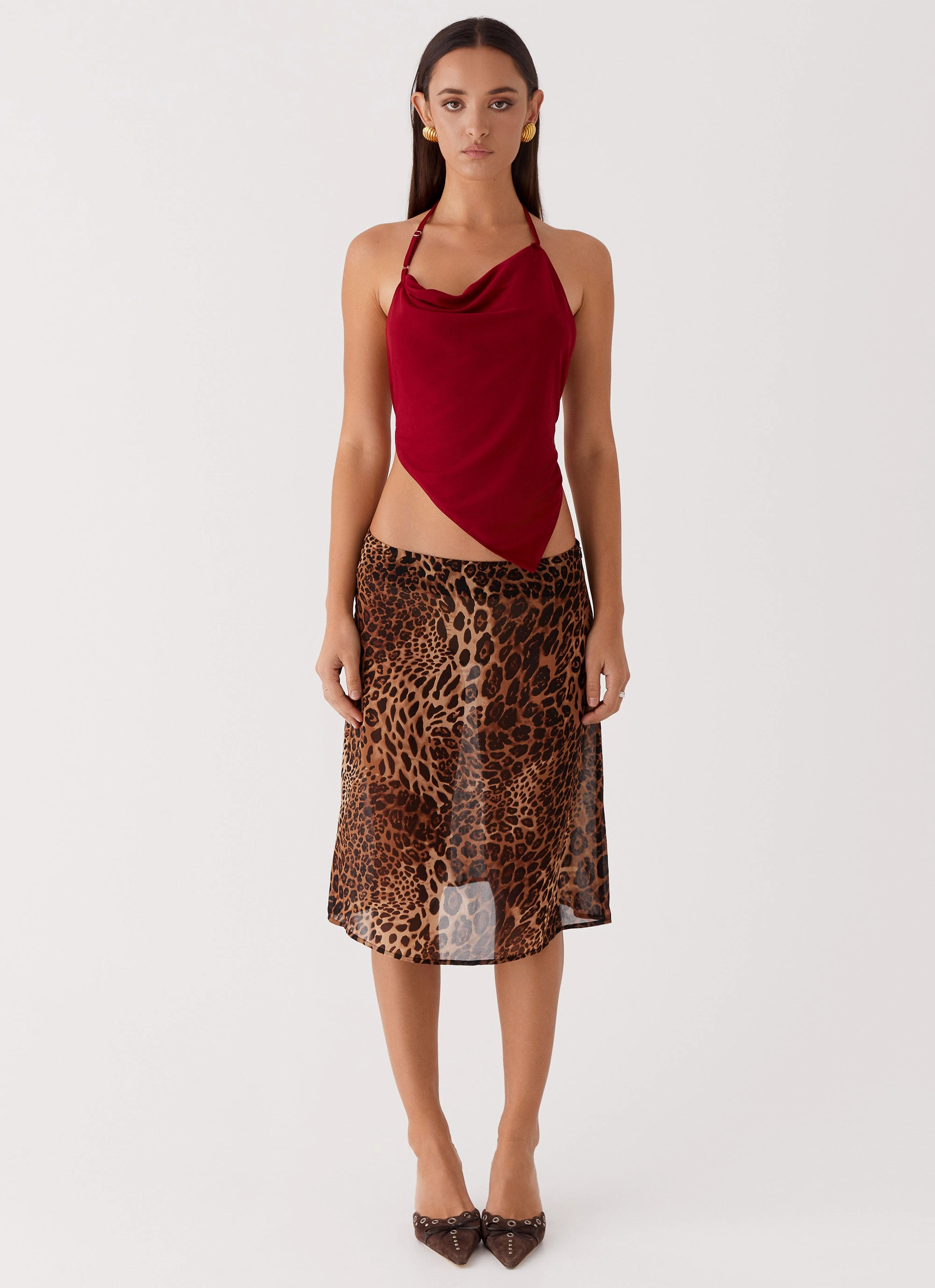 Matching Belt Evoke Chiffon Midi Skirt - Leopard