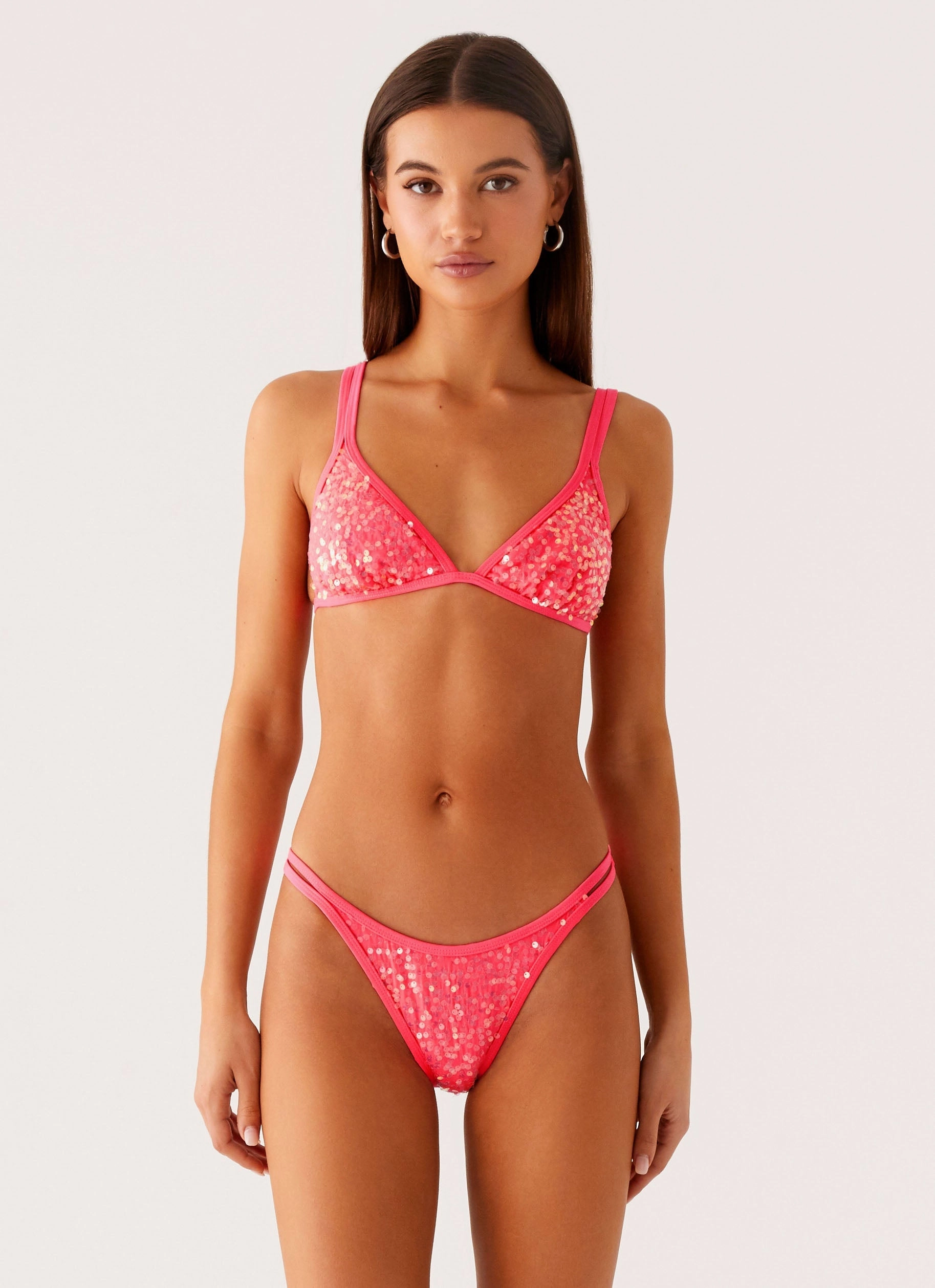 Non Irritating Flatlock Stitching Anti Pilling Surface Treatment Croatia Bikini Top - Pink Sequin