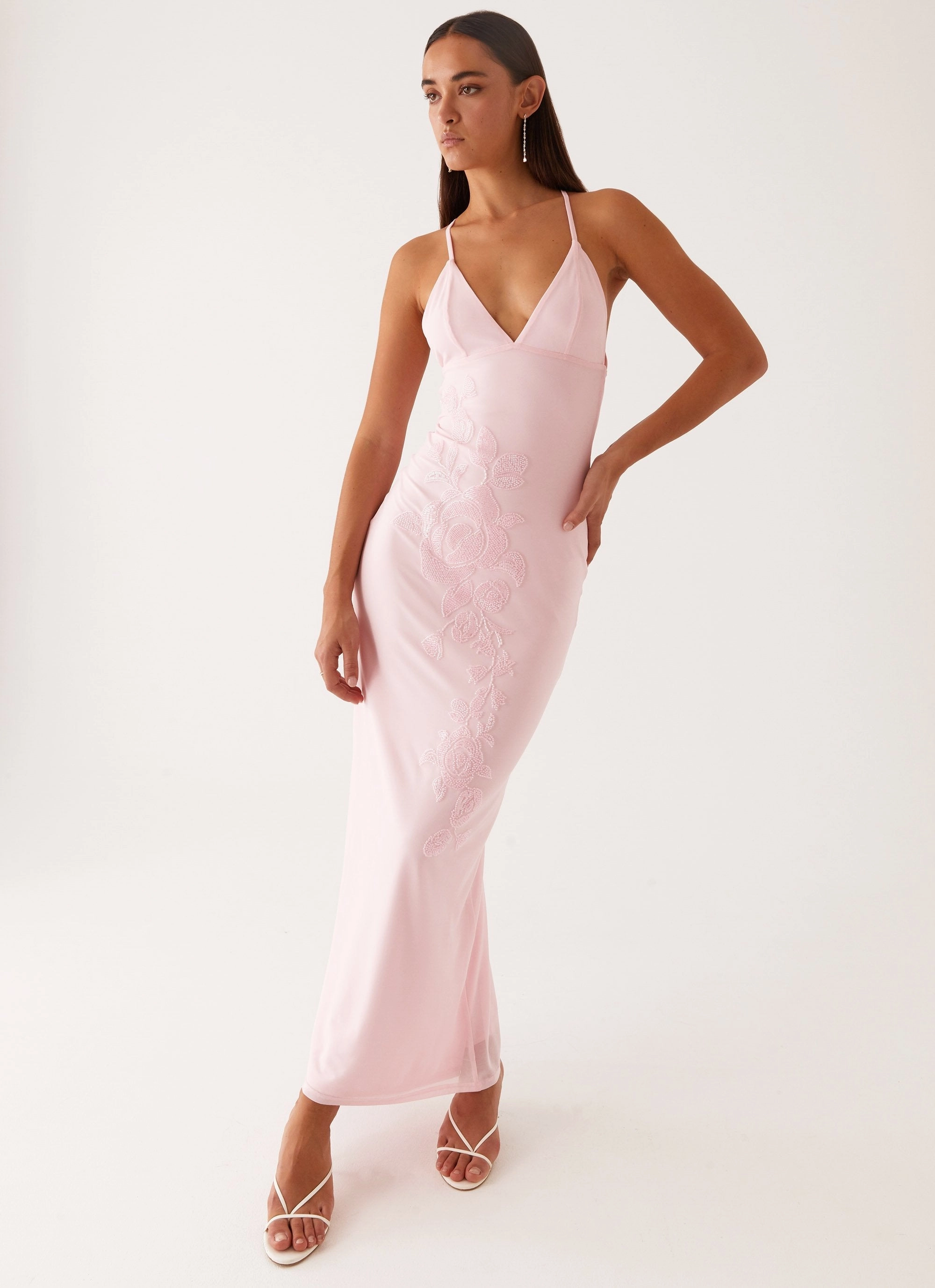 Fall Silhouette Beki Beaded Mesh Maxi Dress - Pink