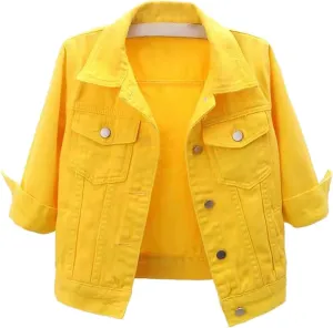 Cropped Jean Jacket for Women 3/4 Sleeve Button Lapel Pocket Casual Coat Western Denim Moto Trucker Outwear Plus Size