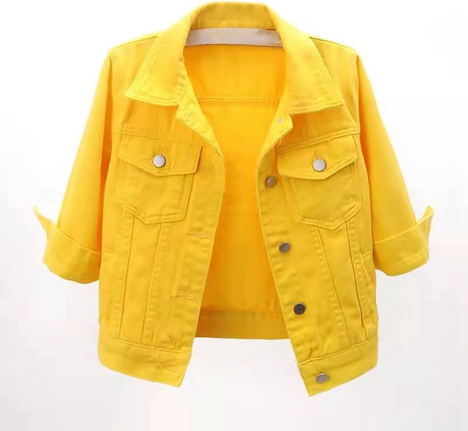 Cropped Jean Jacket for Women 3/4 Sleeve Button Lapel Pocket Casual Coat Western Denim Moto Trucker Outwear Plus Size