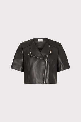 Cropped Short Sleeve Moto Jacket Tear Resistant Knit Fall Outfit