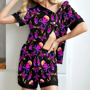 Cross Skull Flame Women's Pajama Sets Top Sleeve & Short Bottom