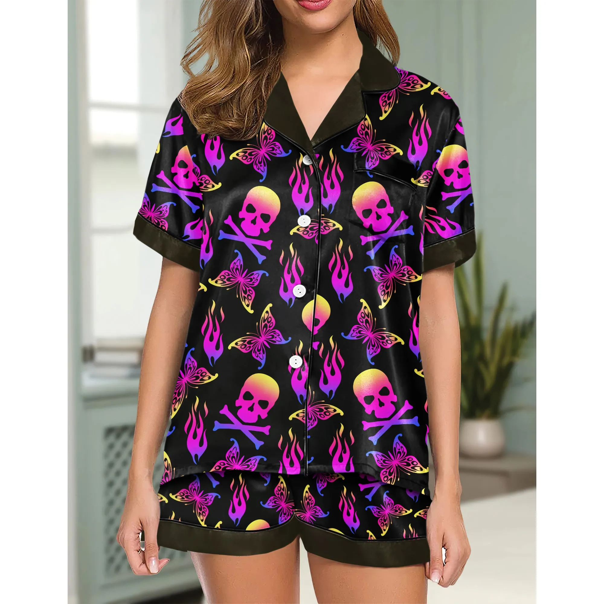 Cross Skull Flame Women's Pajama Sets Top Sleeve & Short Bottom
