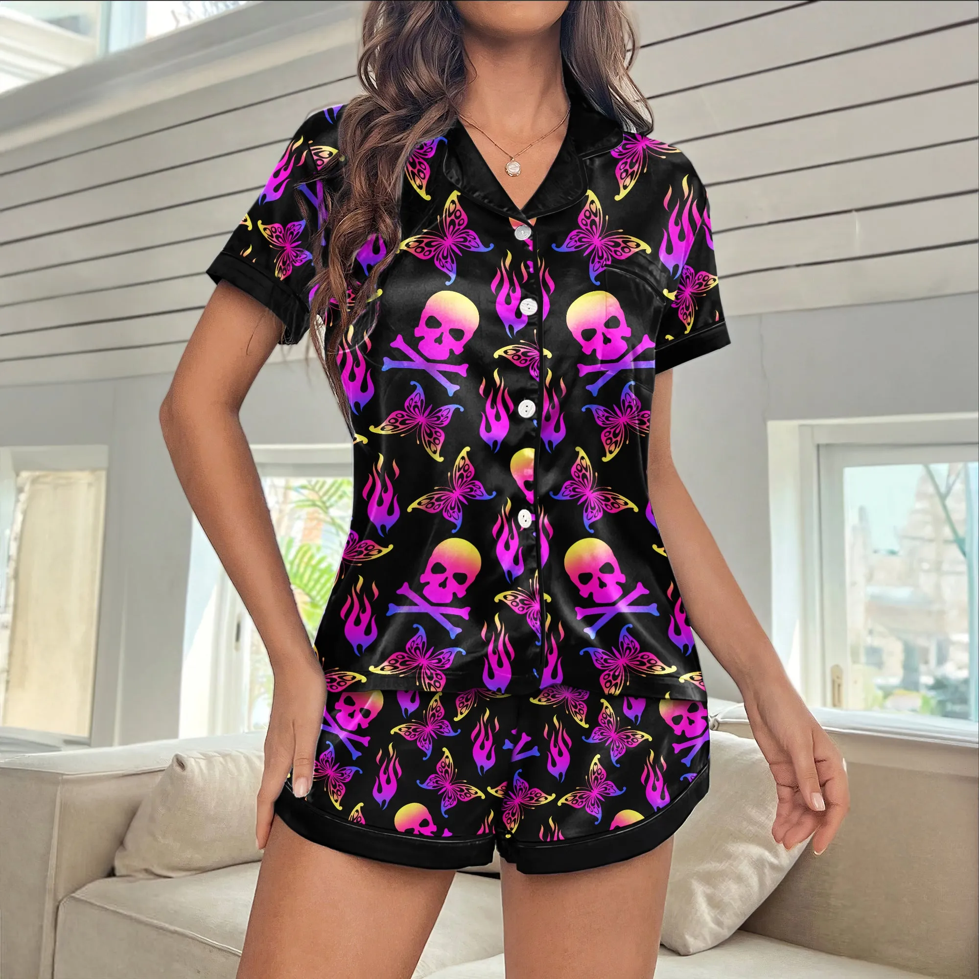 Cross Skull Flame Women's Pajama Sets Top Sleeve & Short Bottom