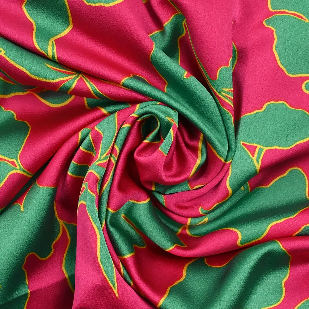 Crêpe satin polyester imprimé feuilles turquoise fond fuchsia