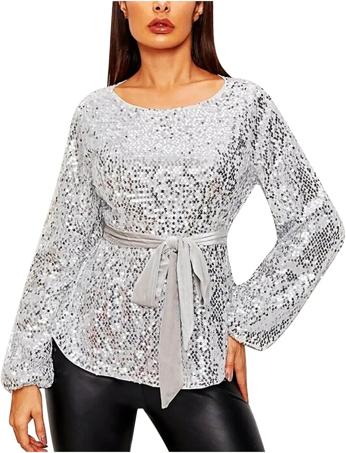 CTRLZS Womens Sequin Peplum Tops Sparkle Shimmer Elegant Sexy Evening Club Party Shirt Boat Neck Long Sleeve Ruffle Blouses