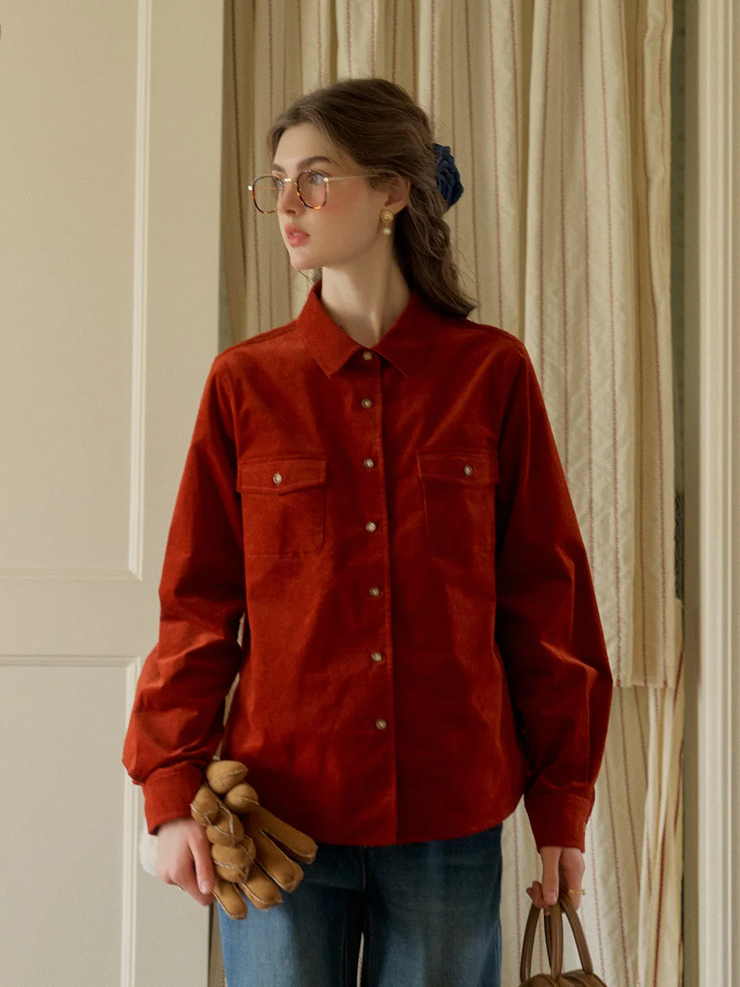 Bold Patterns Reinforced Hems Anais Classic Notched Collar Pocket Corduroy Shirt - Red